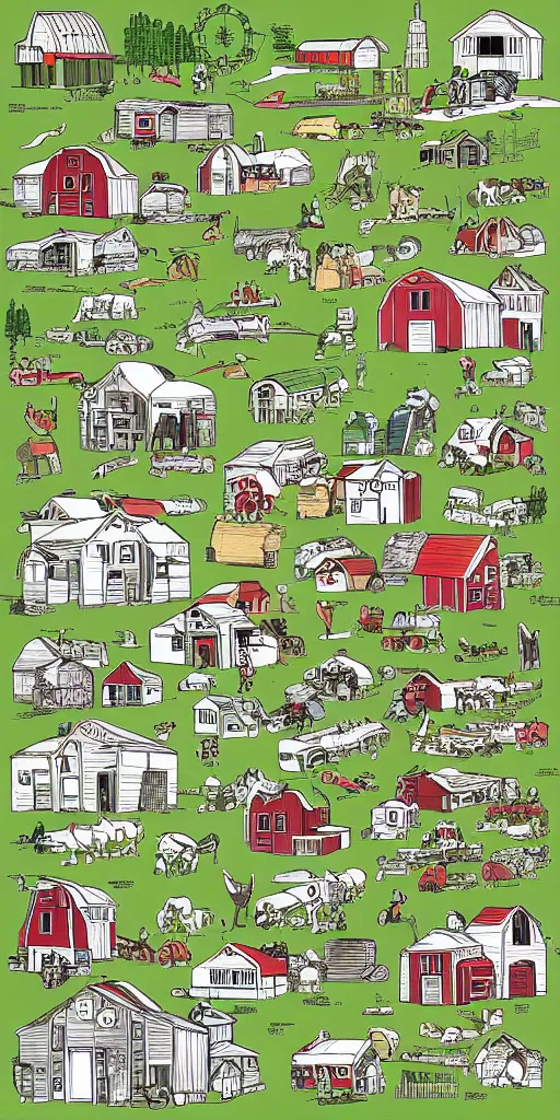 Prompt: Sketch Doodle diagram of different farms and building, industrial buildings, icons, people, tractors, animals, farm land, playful, settlers