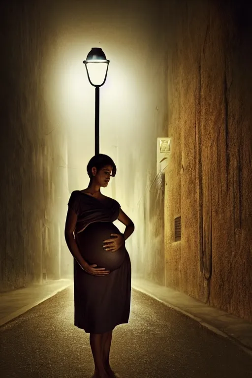 Prompt: pregnant woman under street light, highly detailed, sharp focused, ultra realistic digital concept art by Steve Mccurry