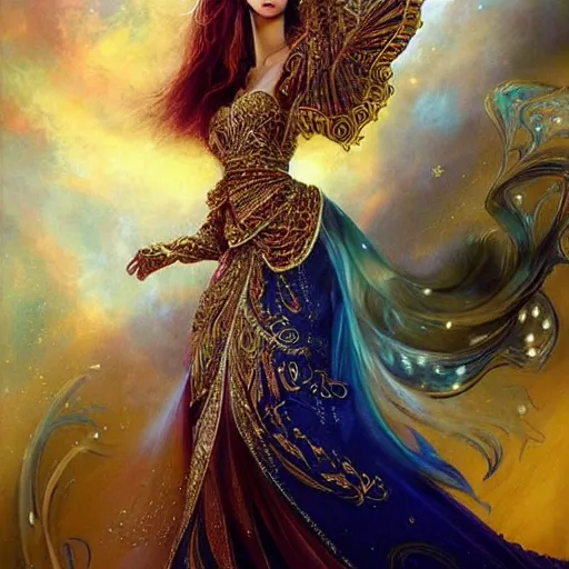 Image similar to a beautiful arabian woman wearing a wedding dress by karol bak, ayami kojima, artgerm, arabian beauty, blue eyes, smile, concept art, fantasy