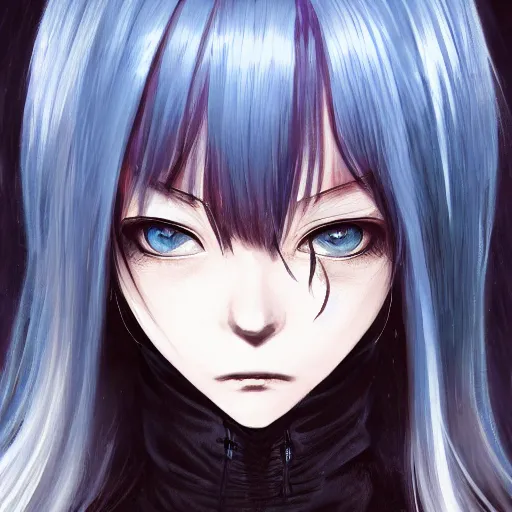 Image similar to full face shot of rimuru tempest, sky blue straight hair, long bangs, with amber eyes, wearing a fancy black jacket, high collar, ultra detailed, brush strokes, digital painting, cinematic, fxiv, wlop artstation, closeup, pixiv, eerie, scary, intimidating glare, evil, yoshitaka amano, junji ito,