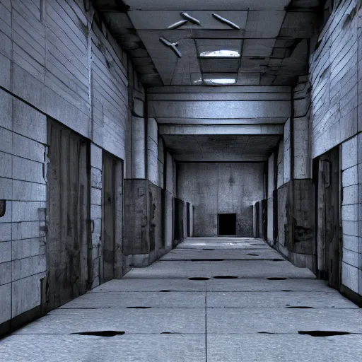 Image similar to gritty, cinematic, liminal space, 3d render, photorealism