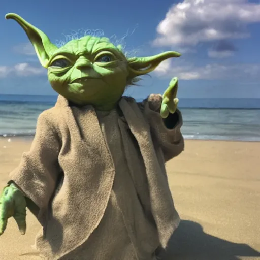 Image similar to a photo of yoda in a swimsuit at the beach