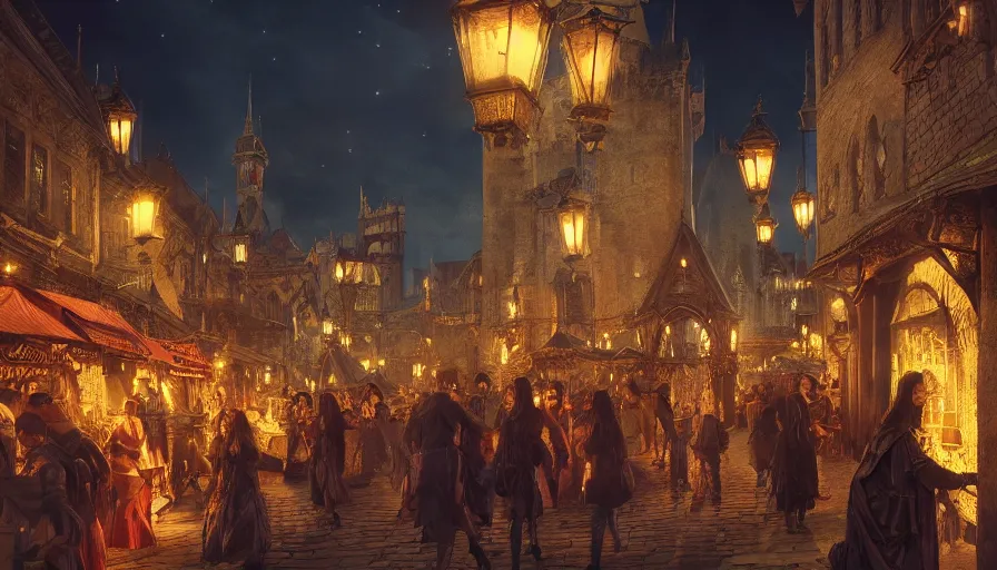 Image similar to medieval city festival near lake at night, beautiful lit lamps, 8 k highly detailed art, intricate, stanley lau, artgerm, artstation, smooth, far shot, wlop, alphonse mucha, cinematic shot, cinematic lighting