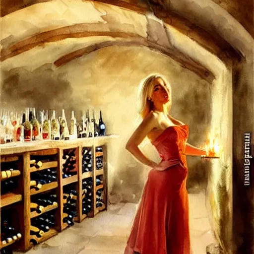 Image similar to beautiful blonde in hot dress in a wine cellar, food, pork, beer, schnapps, rustic, traditional, torches on the wall, watercolor by vladimir volegov and anders zorn, highly detailed, masterpiece