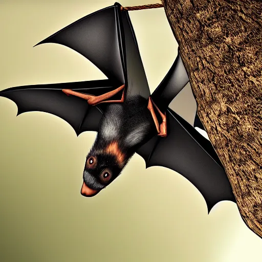 Prompt: a bat, hanging upside down from a tree ， digital art. unreal engine.