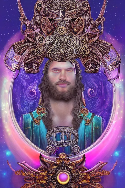 Prompt: opalescent retrofuturistic digital airbrush illustration of a viking wearing an ornate gpu headpiece and holding a flower with a map of the collective subconscious in the background by luigi patrignani