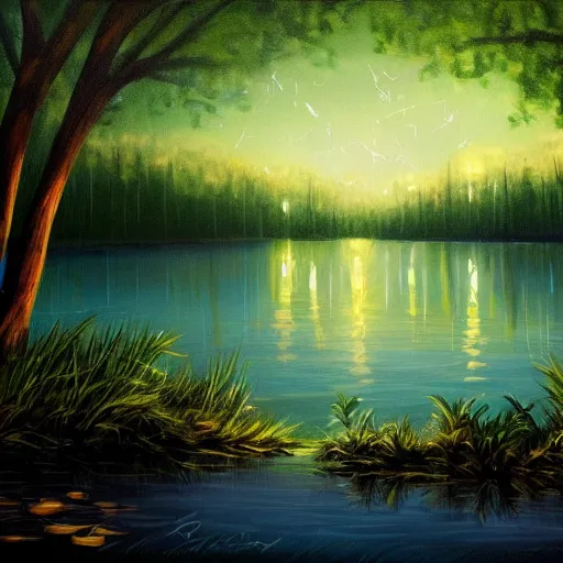 Image similar to lake, trees, night, fireflies glowing above water, painting, concept art,