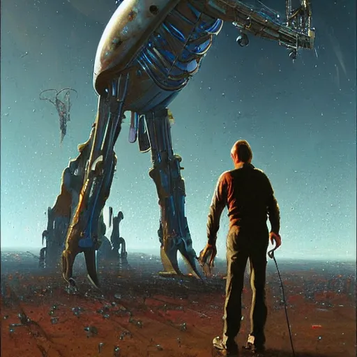 Image similar to a painting of a man standing in front of a giant alien, poster art john berkey and simon stalenhag and gilbert williams, cgsociety, space art, lovecraftian, cosmic horror, poster art