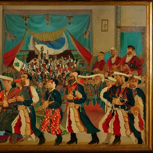 Prompt: a painting of Reply of the Zaporozhian Cossacks to Turkish Sultan, all the faces of Gollum