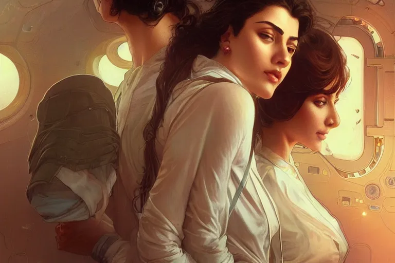 Image similar to Sensual good looking pale young Indian doctors wearing jeans in a space elevator above Earth, portrait, elegant, intricate, digital painting, artstation, concept art, smooth, sharp focus, illustration, art by artgerm and greg rutkowski and alphonse mucha