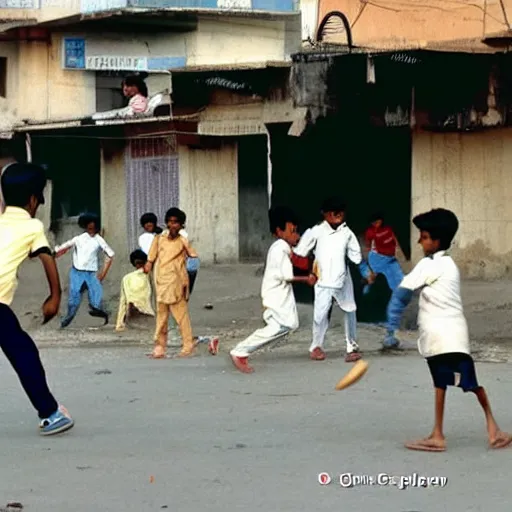 Image similar to kids in hyderabad, playing cricket on the street, early morning, photo from 1 9 9 0 s