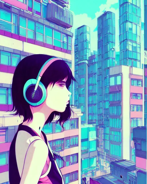 Image similar to girl wearing headphones, city background, very anime!!! anime!! intricate details, aesthetically pleasing pastel colors, poster background, art by conrad roset and ilya kuvshinov