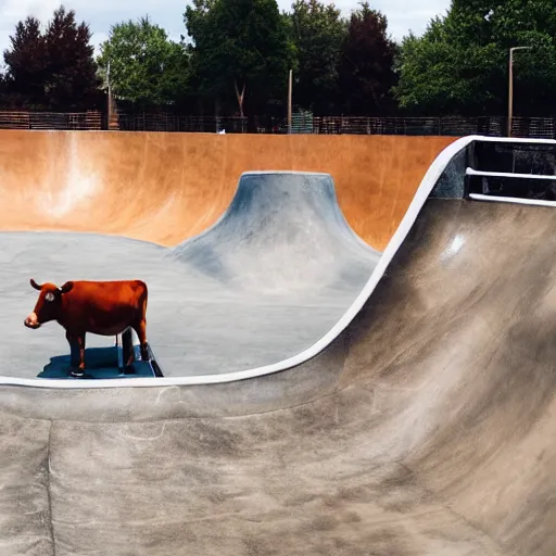 Prompt: a cow in a skatepark