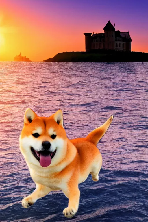 Image similar to a shiba inu sailing in the sea alone, with a castle in the background, sunset, epic, dramatic, realistic, 4k