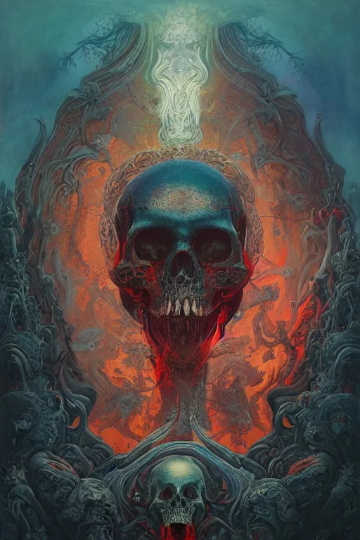 Image similar to gigantic psychedelic demonic skull lord of death and fire, fantasy painting, ultra realistic, wide angle, art nouveau, intricate details, rainbowshift, vivid colors, highly detailed by peter mohrbacher, h. r. giger, maxfield parrish, gaston bussiere, gustave dore, beksinski, craig mullins, octane render, cgi