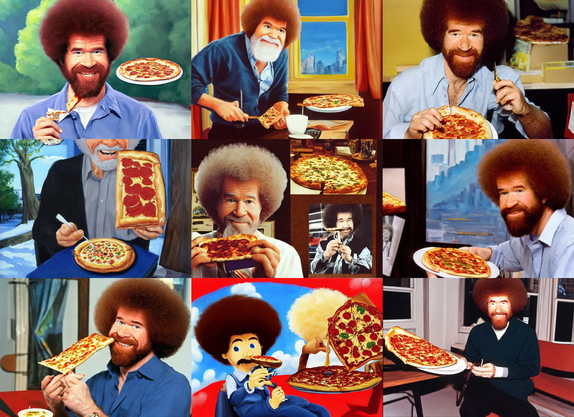 Prompt: bob ross painting bob ross eating a slice of pizza in new york