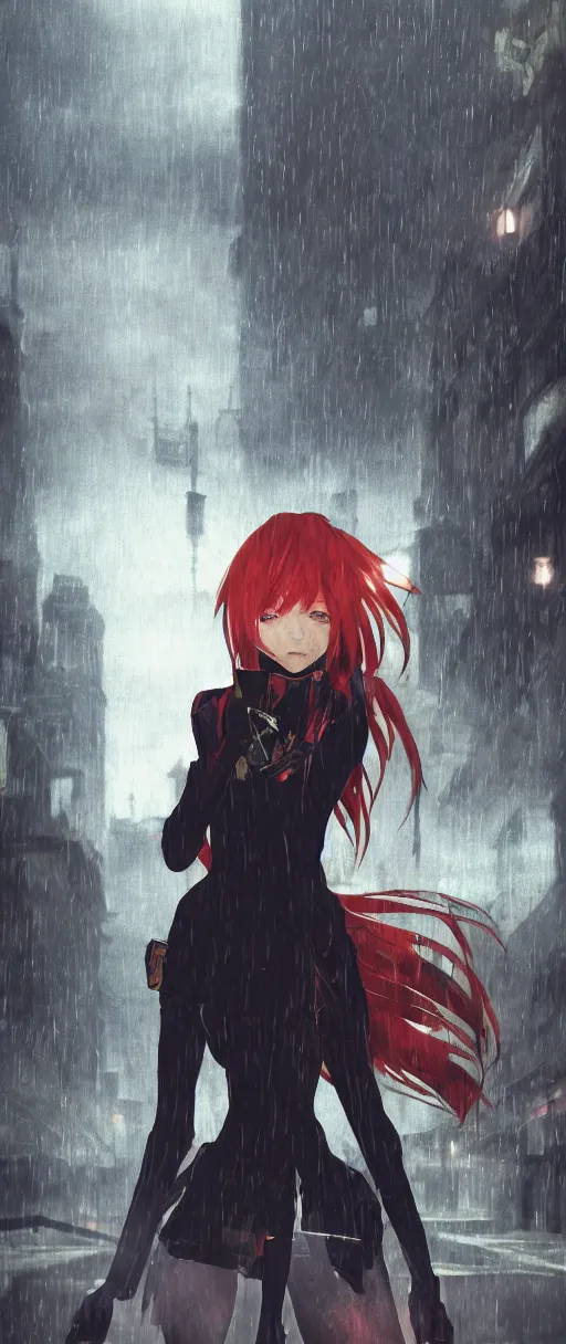 Image similar to asuka langley soryu in a dishonored town, dunwall city, advanced digital art, dishonored aesthetic, cinematic lighting, rainy weather, melancholy atmosphere, artstation, dunwall city, gothic architecture, volumetric light, octane render, dishonored game, dishonored 1, atmosphere or depression and despair, bokeh blur, anime character portrait