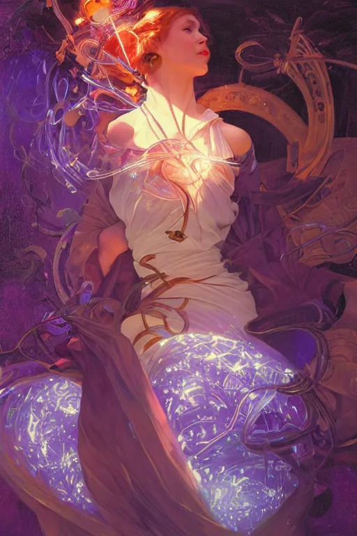 Prompt: she dreams of arcs of purple flame intertwined with glowing sparks, glinting particles of ice, dramatic lighting, steampunk, bright neon, secret holographic cyphers, red flowers, solar flares, high contrast, smooth, sharp focus, art nouveau, painting by Caravaggio and WLOP and ruan jia and greg rutkowski and Alphonse Mucha