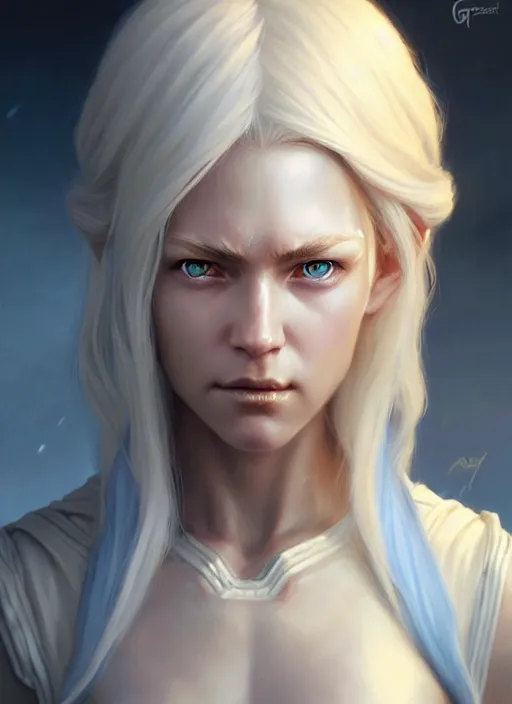 Image similar to a fantasy style portrait painting of shy white female paladin with blonde hair and blue eyes shy, scar under left eye, holy oil painting unreal 5 daz. rpg portrait extremely detailed artgerm greg rutkowski _ greg