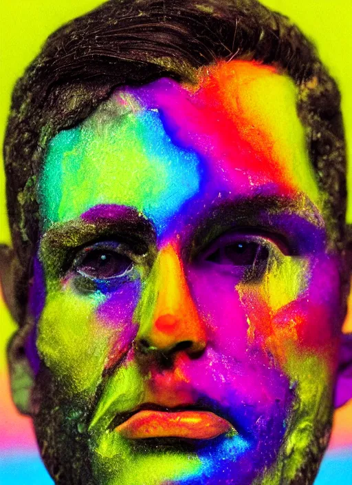 Prompt: a photorealistic portrait of a man made of rainbow wax that is melting subsurface scattering