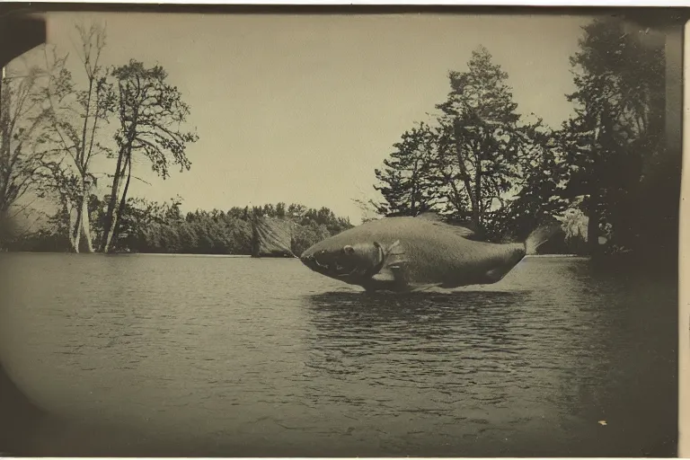 Prompt: old polaroid of a giant fish in the lake