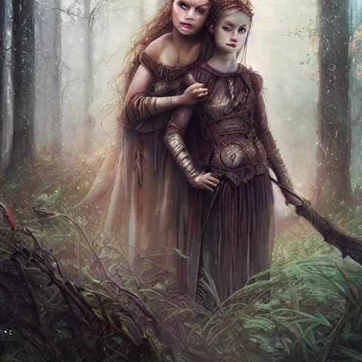 Image similar to portrait of sensual girl warrior and her daughter in a magical forest by leesha hannigan, fantasy, artwork, digital art, epic, highly detailed faces