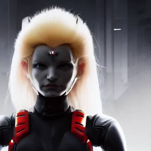 Image similar to close up of evil futuristic dystopian regime soldier, plasma gun, blonde hair, fox ears on hair, human, female, concept design, contrast, hot toys, kim jung gi, greg rutkowski, zabrocki, karlkka, jayison devadas, trending on artstation, 8 k, ultra wide angle, pincushion lens effect, red and black color scheme