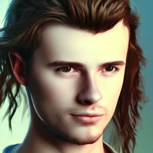Image similar to a digital art close up portrait of young barnes courtney bard from fantasy world, handsome young man bard with lute character sheet, 4 k, ultra detail, volumetric lighting, unreal engine, octane render
