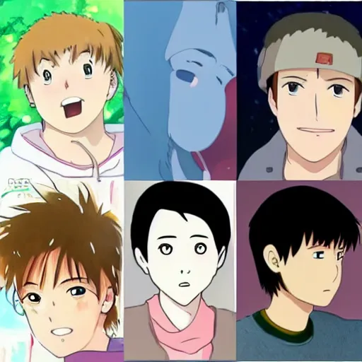 Image similar to ryan gosling in anime style, ghibli, spirited away, weather child, your name is