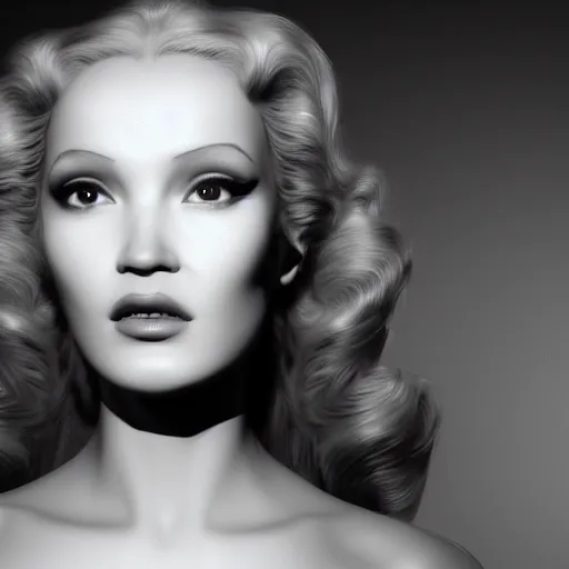 Prompt: A young beautiful female angelic-extraterrestrial-cyborg face looking like Marlene Dietrich with a very long neck, big clear eyes, thin nose, big lips, hair floating in the wind, Realistic, Refined, Digital Art, Pre-Raphaelite, Highly Detailed, Cinematic Lighting, rim light, black and white, high contrast, hyper real, photo-realistic Unreal Engine, 8K