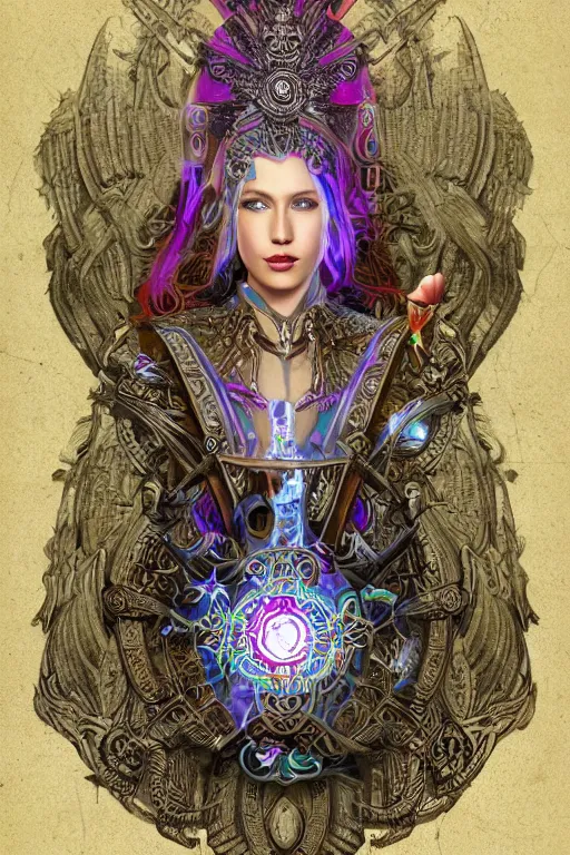 Image similar to opalescent retrofuturistic digital airbrush illustration of a viking wearing an ornate gpu headpiece and holding a flower with a map of the collective subconscious in the background by luigi patrignani