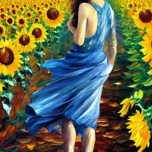 Image similar to a girl slowly walking through amazing tall sunflower field, her hair flowing down, subtle, intricate details, real masterpiece, oil on canvas, by leonid afremov