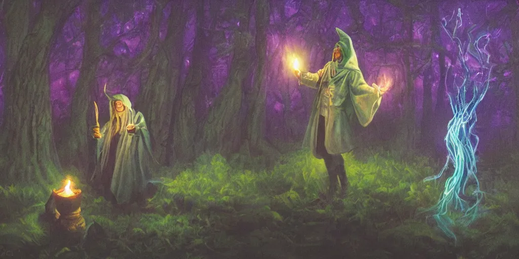 Image similar to wizard painting casting a spell in the forest at night