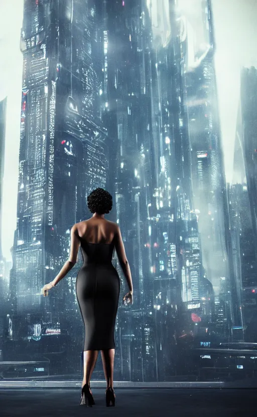 Image similar to an elegant Black woman in dress and heels, her back is to us, looking at a futuristic Blade Runner city