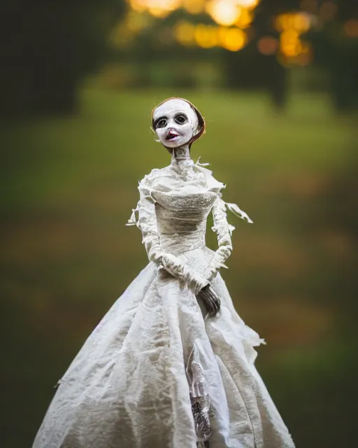 Image similar to a creepy paper mache doll of a very tall bride, realistic, very detailed, complex, intricate, studio lighting, bokeh, sigma 5 0 mm f 1. 4