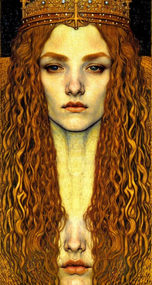 Image similar to detailed realistic beautiful young medieval queen face portrait by jean delville, gustav klimt and vincent van gogh, art nouveau, symbolist, visionary, gothic, pre - raphaelite, muted earthy colors, desaturated