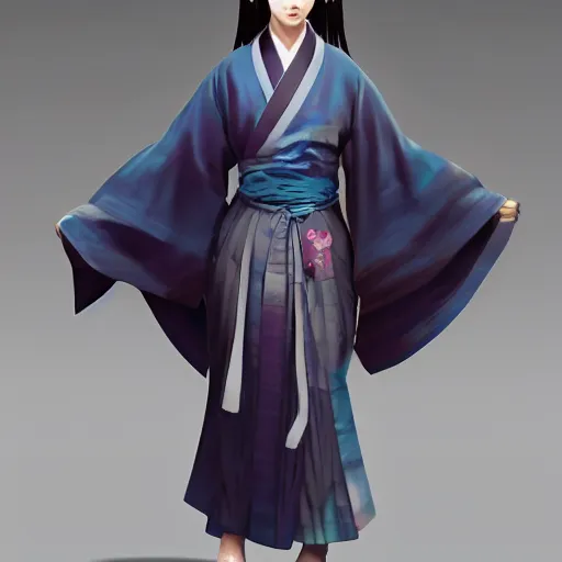 Image similar to Clothed kimono. realistic style at CGSociety by WLOP,ilya kuvshinov,krenz cushart,Greg Rutkowski,trending on artstation.Zbrush sculpt colored,Octane render in Maya,Houdini VFX.Realistic fantasy cute young girl who is dark disciple,expressing joy,wearing kimono, silky hair, blue eyes.Oil painting.Cinematic dramatic atmosphere,sharp focus,soft volumetric studio lighting.