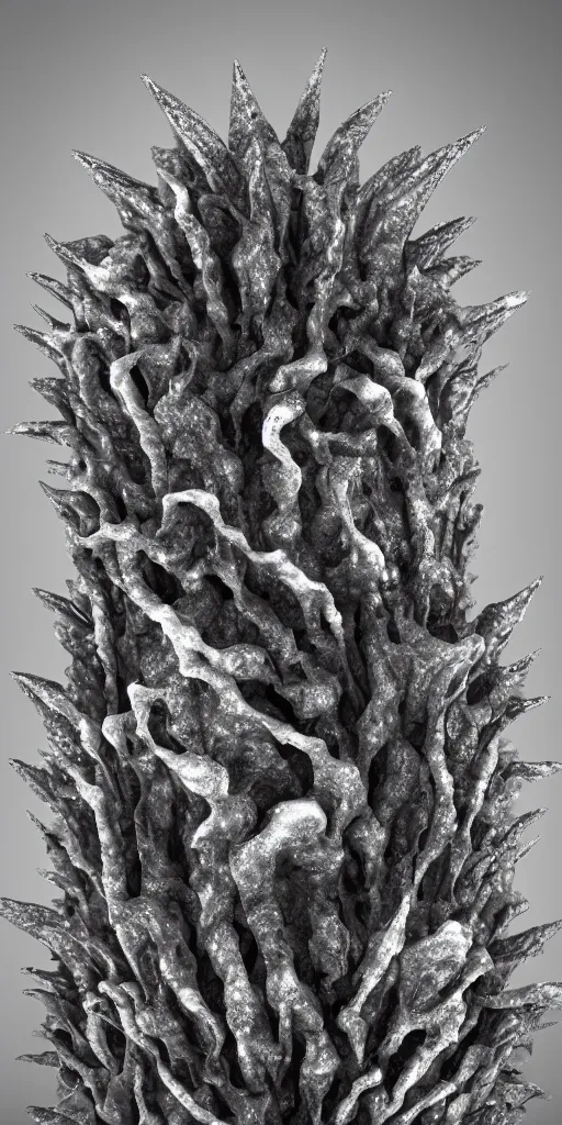 Image similar to a photorealistic render of a spiky mollusk, greyscale, made of melted plastic and marble, c 4 d, by zhelong xu and ernst haeckel, wide angle, hyper realistic, plain black background, 8 k, volumetric lightning, octane render