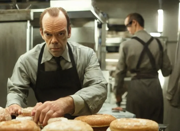 Image similar to film still of hugo weaving as agent smith working in a bakery in the new matrix movie, 4 k
