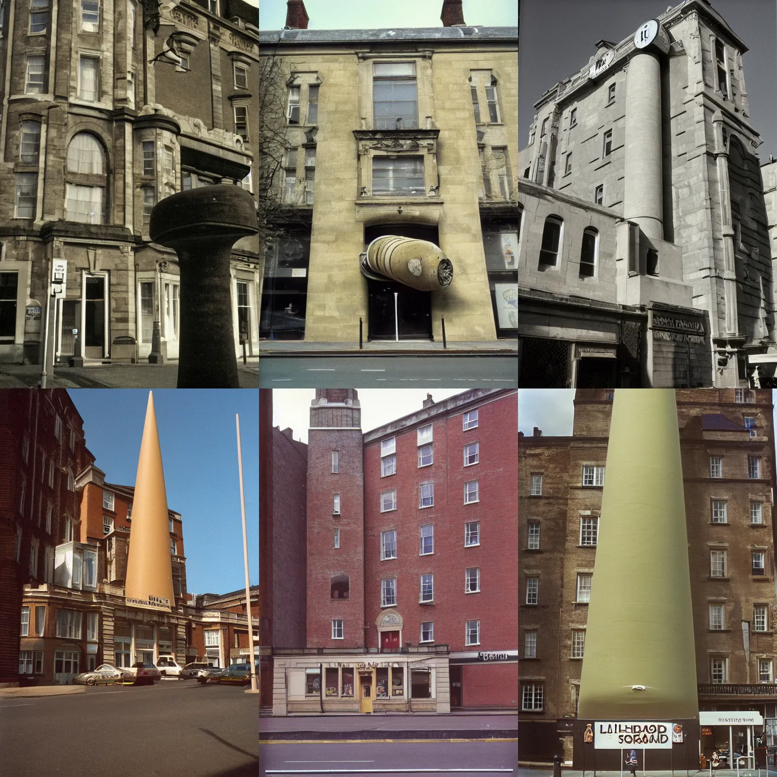 Prompt: a poster 1990s photo taken with illford cone-shaped photo taken with provia henry moore gelateria 1995 flickr grosvenor school by George Lambourn a building with a sign on the side of it