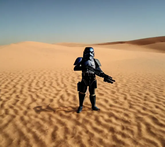 Image similar to a star wars stormtrooper in the desert, dunes, sun, haze