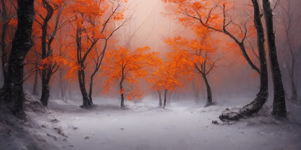 Image similar to A beautiful oil painting of a valley covered in snow, trees with red and orange leaves, yellow lighting, gloomy, atmospheric lighting, detailed, by greg rutkowski, trending on artstation