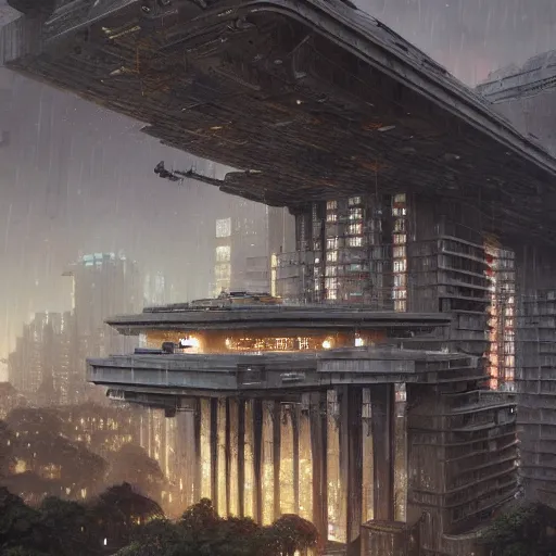 Image similar to highly detailed brutalist architecture city, star wars imperial style, while it's raining, stephen bliss, unreal engine, fantasy art by greg rutkowski, loish, rhads, ferdinand knab, makoto shinkai, ilya kuvshinov, rossdraws, global illumination, radiant light, detailed and intricate environment