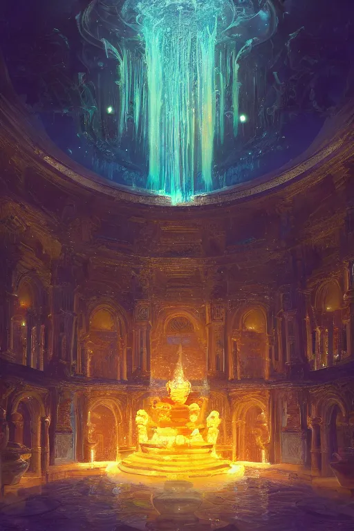 Image similar to inside of an atlantis palace, bioluminescent light, fountain, crystals, intricate, elegant, volumetric lighting, digital painting, highly detailed, artstation, sharp focus, illustration, concept art, ruan jia, steve mccurry