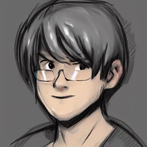 Image similar to sketch of a teenage boy with very short side part hair smiling trending on artstation