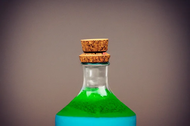 Image similar to small potion with a cork top filled with a green and turquoise gradient liquid, on a desk, old film photo