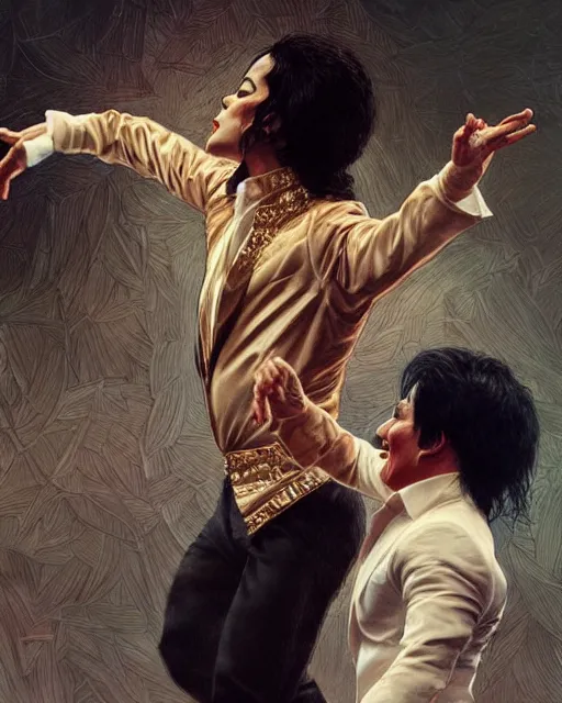 Image similar to Michael Jackson & Michael Mcintyre dancing in front of a crowd,real life skin, intricate, elegant, highly detailed, artstation, concept art, smooth, sharp focus, art by artgerm and greg rutkowski and alphonse mucha