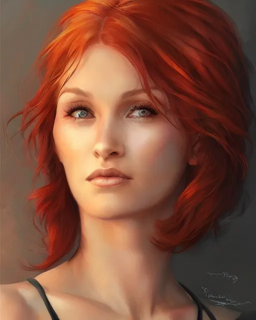 Prompt: a stunning portrait of triss merigold with short bob hair, digital art by julie bell and artgerm and ross tran and angel ganev, medium shot portrait, highly detailed, trending on artstationhq