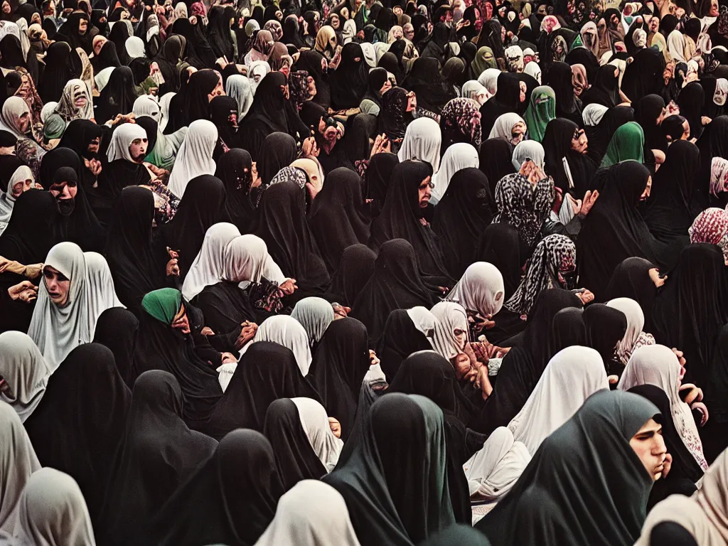 Prompt: “A photograph of a close up on men and women mourning, crying for Imam Hussein in the Middle East, black costumes, tears, trance, green flags, highly detailed, realistic, analog Portra 400, grain”