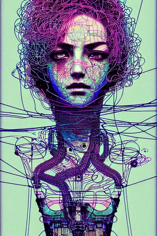 Image similar to dreamy cyberpunk girl, abstract wire clothes, digital nodes, beautiful woman, detailed acrylic, grunge, intricate complexity, by dan mumford and by katsuya terada, peter lindbergh